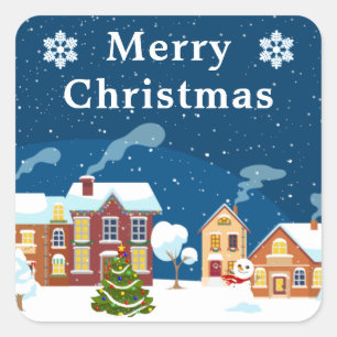 Sticker Carré Scène de village hivernal enneigé Joyeux Noël