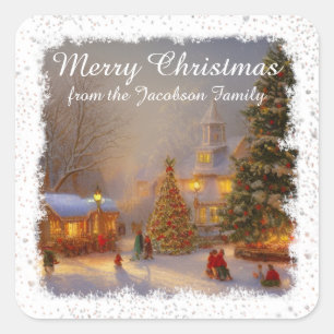 Sticker Carré Scène Des Arbres De Noël Neige Dans Le Carré Du Vi
