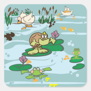 Sticker Carré Scène d'étang avec dessin animé Tortue, canard, po