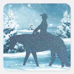 Sticker Carré Scène occidentale de neige d'hiver de cheval de
