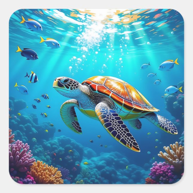 Sticker Carré Scène sous-marine colorée de tortue marine   (Devant)
