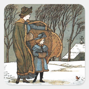 Sticker Carré Scène Vintage Noël hiver, Filles, Oiseau, Neige.