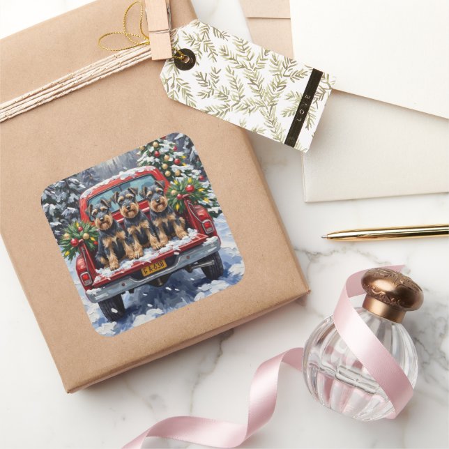 Sticker Carré Schnauzer Christmas Red Truck Holiday (Cadeaux)