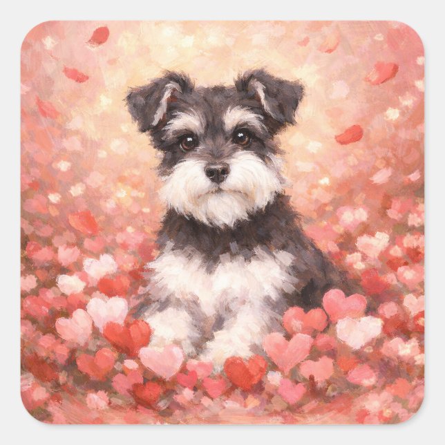 Sticker Carré Schnauzer de la Saint-Valentin avec des cœurs (Devant)