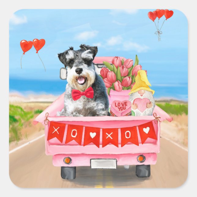 Sticker Carré Schnauzer Saint-Valentin Camion Cœurs (Devant)
