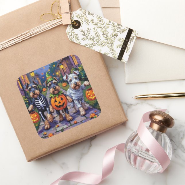 Sticker Carré Schnauzer Trick-or-Treating in Halloween Costumes (Cadeaux)