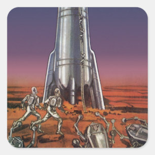Sticker Carré Science-fiction vintage, astronautes aliens coléop