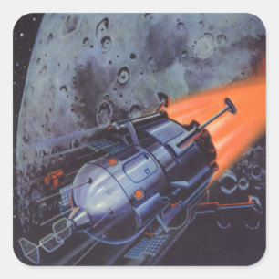Sticker Carré Science-fiction vintage, fusée lunaire décollant