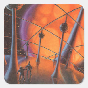 Sticker Carré Science-fiction vintage, Orange Sun et Aliens