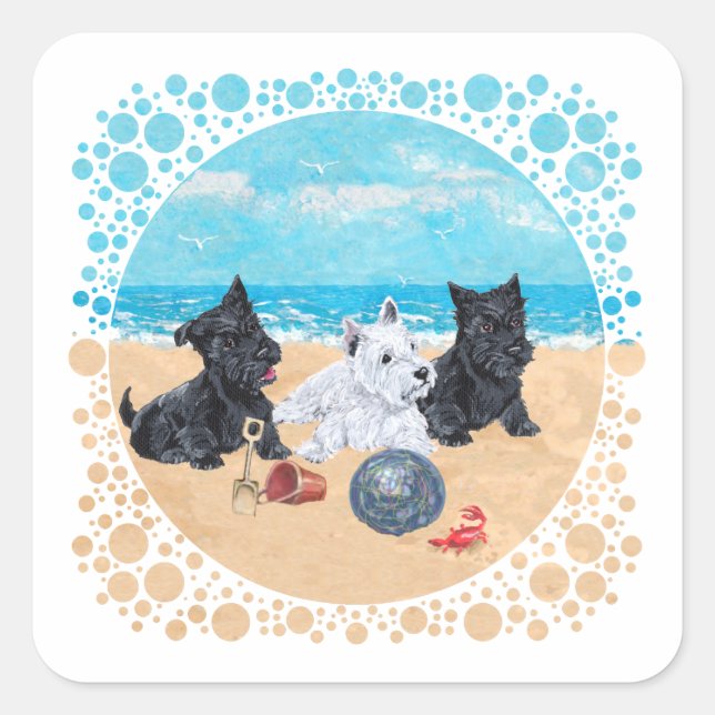 Sticker Carré Scottie & Westie Pups à la plage (Devant)