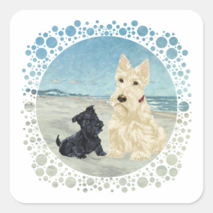 Sticker Carré Scotties à la Plage, Wheaten & Chien Noir