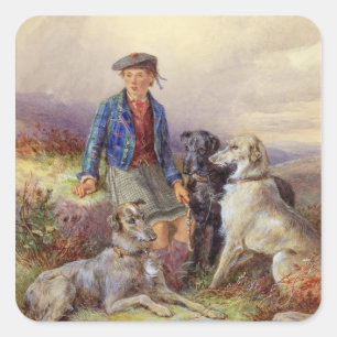 Sticker Carré Scottish boy with wolfhounds in a Highland landsca