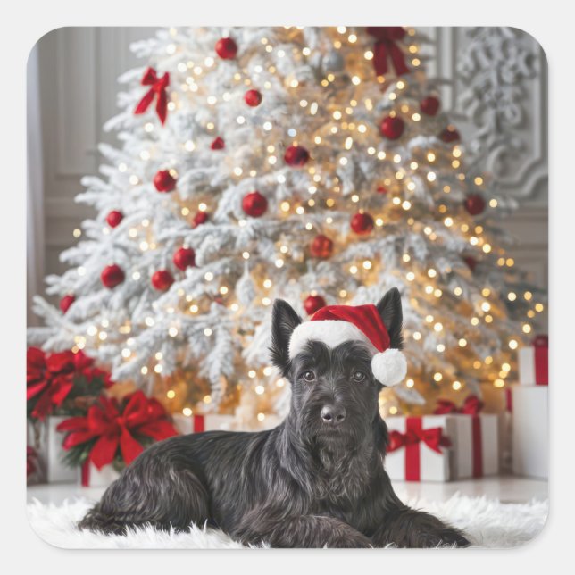 Sticker Carré Scottish Terrier By Christmas Tree (Devant)