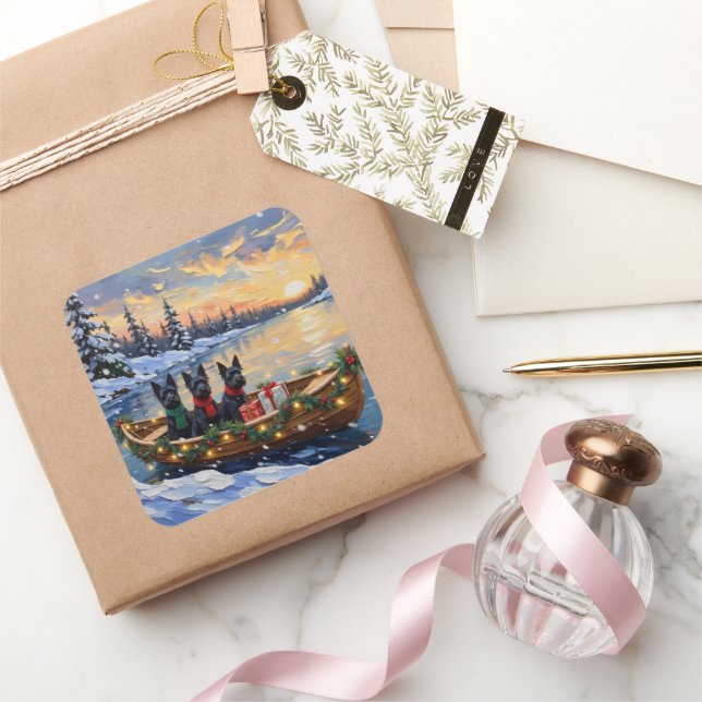 Sticker Carré Scottish Terrier Christmas Boat Holiday (Cadeaux)