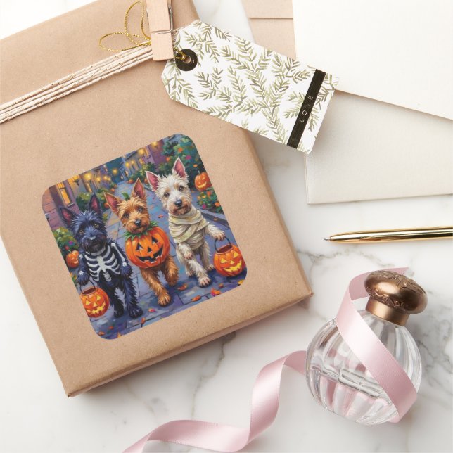 Sticker Carré Scottish Terrier Dogs in Halloween Costumes (Cadeaux)