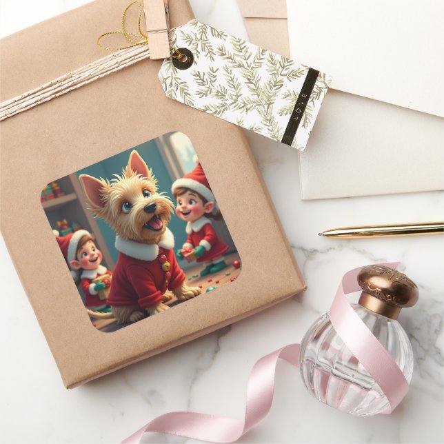 Sticker Carré Scottish Terrier Helping Santa’s Elves Christmas (Cadeaux)