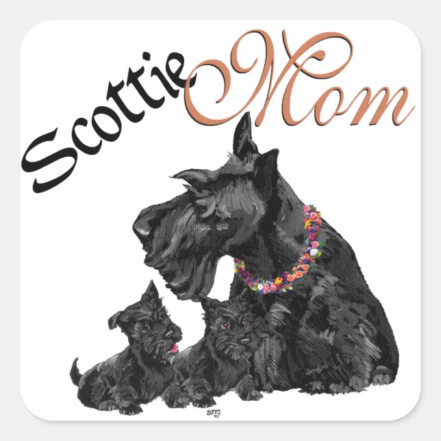 Sticker Carré Scottish Terrier Mère & Pups (Devant)