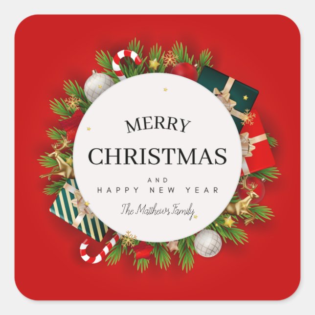 Sticker Carré Script Cadeaux De Noël Rouge Et Signature Familial (Devant)