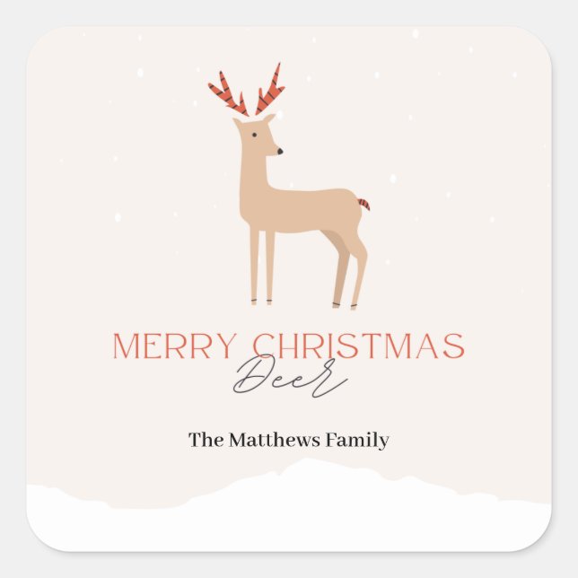 Sticker Carré Script Creamme Biege Christmas Deer & Nom de famil (Devant)