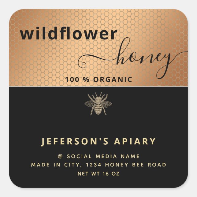 Sticker Carré Script d'abeille en or noir moderne Chocs de miel  (Devant)