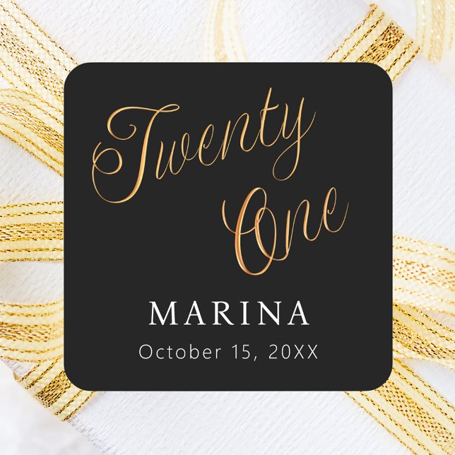Sticker Carré Script de nom d'or noir 21e anniversaire (Créateur téléchargé)