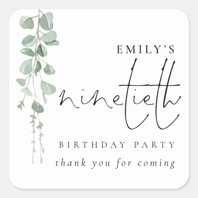 Sticker Carré Script Eucalyptus 90e Merci d'anniversaire (Devant)