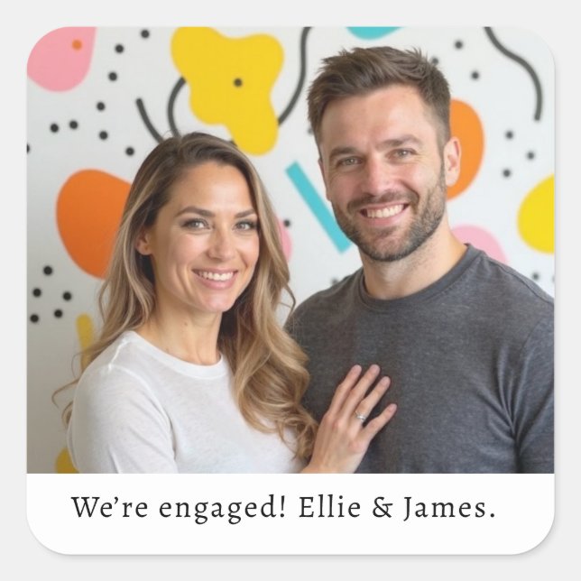 Sticker Carré Script Fiançailles de nom de photo personnalisé (Devant)