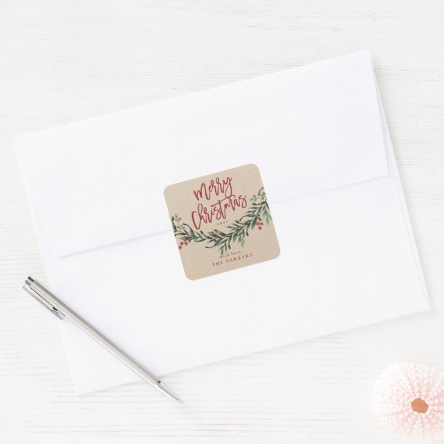 Sticker Carré Script Joyeux Noël Branche Aquarelle (Enveloppe)