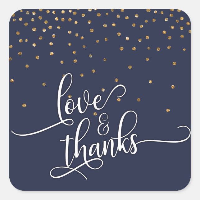 Sticker Carré Script Love & Merci, Confettis Dorés Bleu Minuit (Devant)