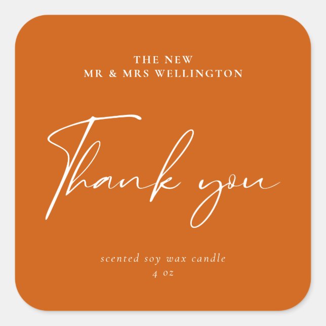 Sticker Carré Script moderne Burnt Orange Mariage Faveur Bougie (Devant)