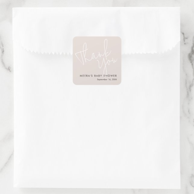 Sticker Carré Script moderne Dusty Merci rose Baby shower (Sac)