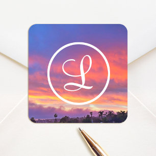 Sticker Carré Script monogramme photo coucher rose bleu orange