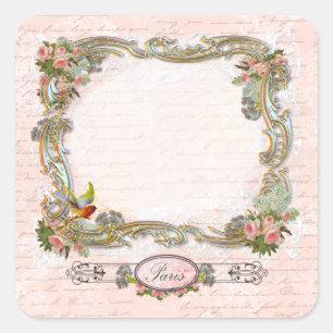 Sticker Carré Scrolls Ornementaux Écriture Française Roses Rose