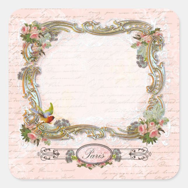Sticker Carré Scrolls Ornementaux Écriture Française Roses Rose (Devant)