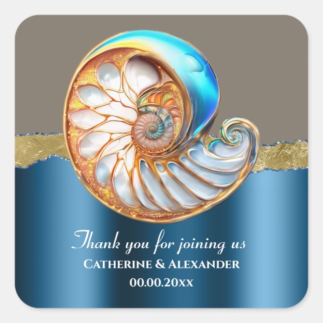 Sticker Carré Sea Blue Gold Conch Shell Thank You (Devant)