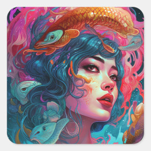Sticker Carré Sea Serpent Hair Lady Imaginaire Art