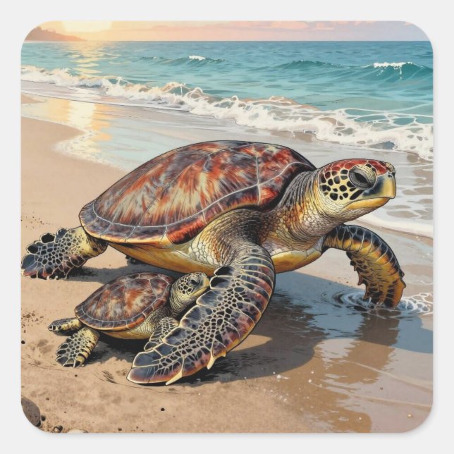 Sticker Carré Sea Turtle and Baby on Beach Illustration (Devant)