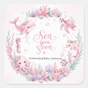 Sticker Carré Sea You Soon Rose Sous l'Océan Fête de Naissance P