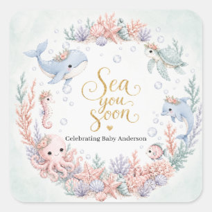 Sticker Carré Sea You Soon Sous la Mer Fête de Bébé Neutre