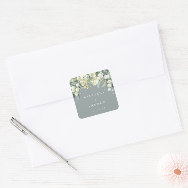 Sticker Carré Seafoam Green Snowberry+Eucalyptus Mariage (Enveloppe)