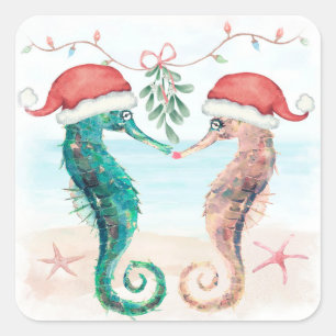 Sticker Carré Seahorse Père Noël Coastal Christmas Kiss Beach