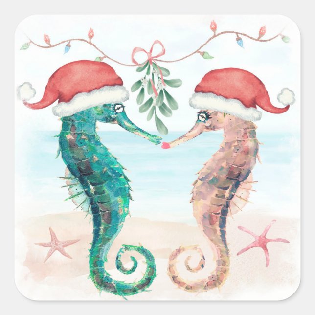 Sticker Carré Seahorse Père Noël Coastal Christmas Kiss Beach (Devant)