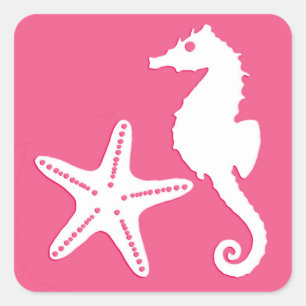 Sticker Carré Seahorse & Starfish, Fuchsia rose et blanc