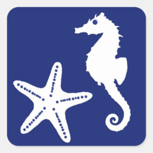 Sticker Carré Seahorse & Starfish, Navy Blue and White