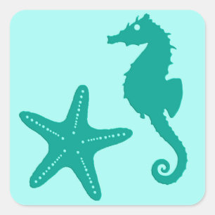 Sticker Carré Seahorse & Starfish, Turquoise et Aqua