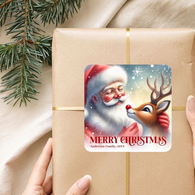 Sticker Carré Seasonal Personalized Santa Rudolph Christmas Kids (Seasonal Personalized Santa Rudolph Christmas Sticker)