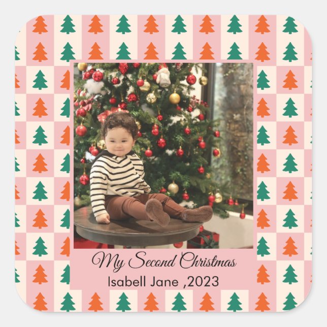 Sticker Carré Second Christmas Custom Family Photo Text Template (Devant)