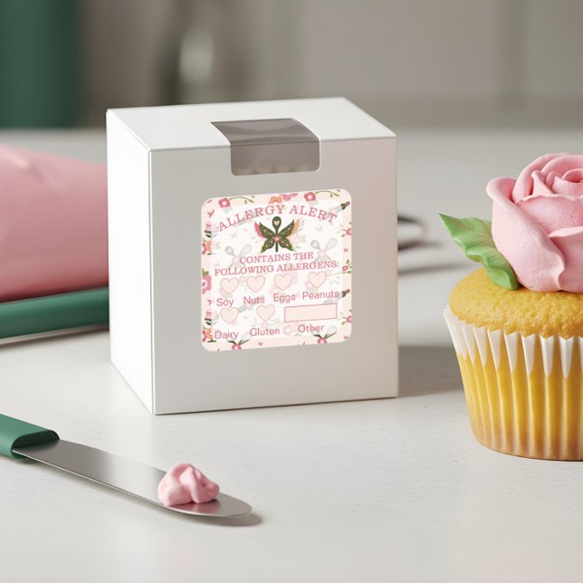 Sticker Carré Sécurité alimentaire Alerte allergie Boulangerie P (Food Safety Allergy Alert Bakery Butterfly Spoon Square Sticker)