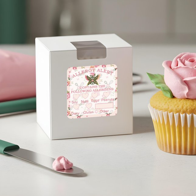 Sticker Carré Sécurité alimentaire Alerte allergique Boulangerie (Food Safety Allergy Alert Bakery Butterfly Cake Square Sticker)