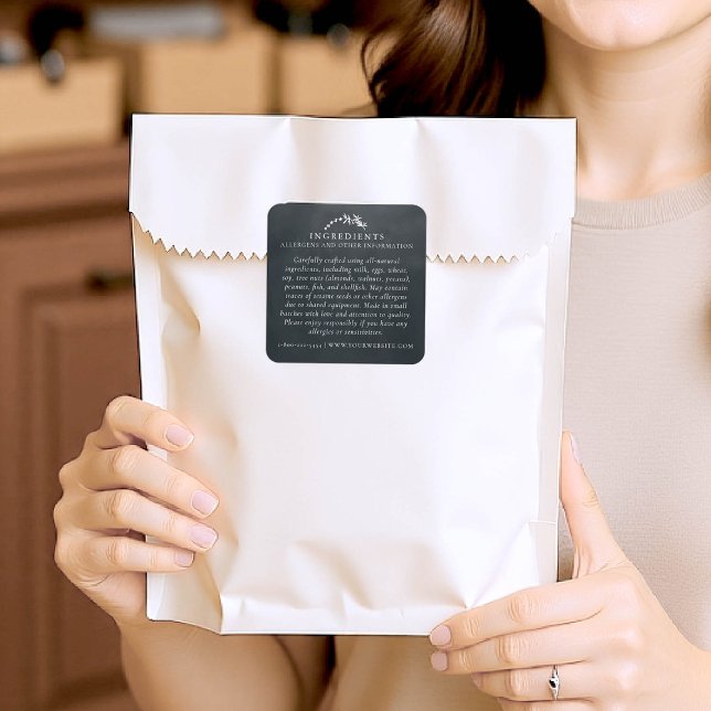 Sticker Carré Sécurité alimentaire Allergènes produit artisanal  (product packaging sticker artisan business gift blackboard handmade homemade ingredients black)